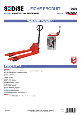 Equipement d'atelier - Manutention - Transpalette manuel 2,5T